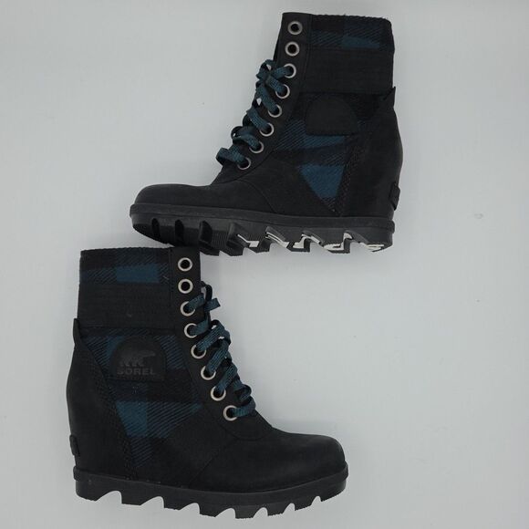 Sorel Women's Size 6 Lexi Hidden Wedge Boots Blue Plaid Waterproof Lace Up EUC - Picture 5 of 10